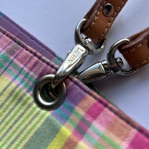 Lauren Ralph Lauren Plaid Multicolor Tote Bag w/ Tan Leather Straps - Picture 5 of 16